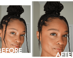 Maquiagem da criadora de Byrdie, Hera Alexander, antes e depois de usar D-Bronzi Anti-Pollution Sunshine Drops da Drunk Elephant
