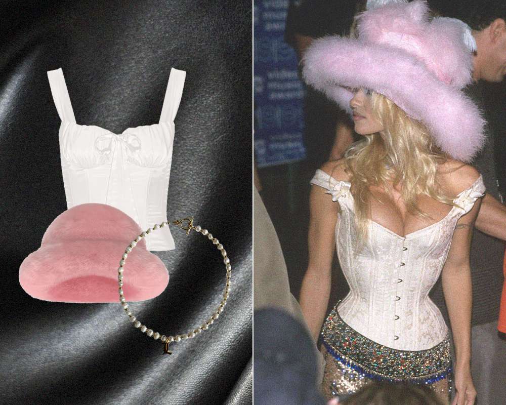 Pamela Anderson com chapéu rosa e espartilho branco