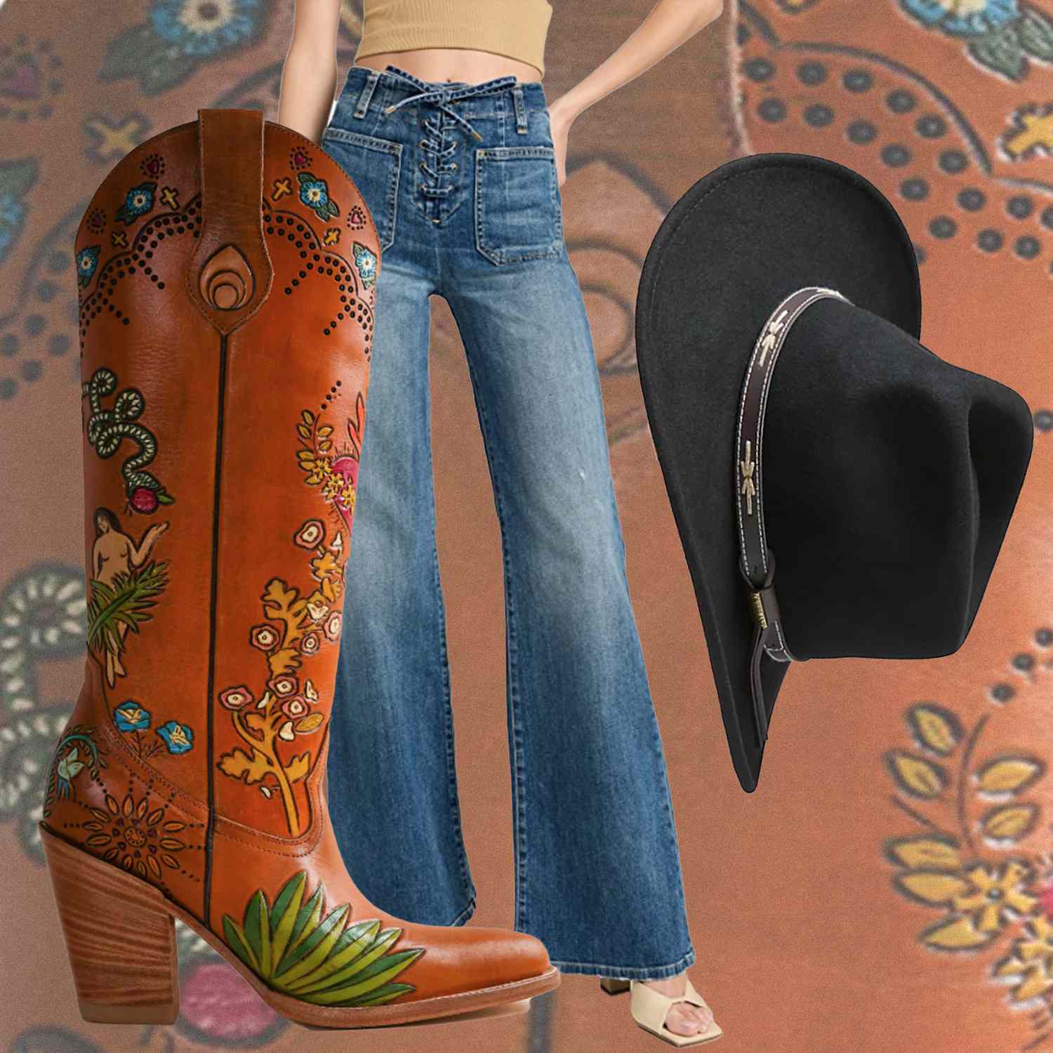 Colagem de looks com jeans western de pernas largas