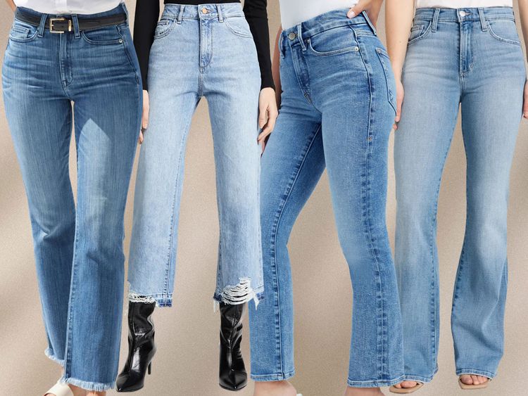 Quatro mulheres em miniatura em jeans em um fundo bege
