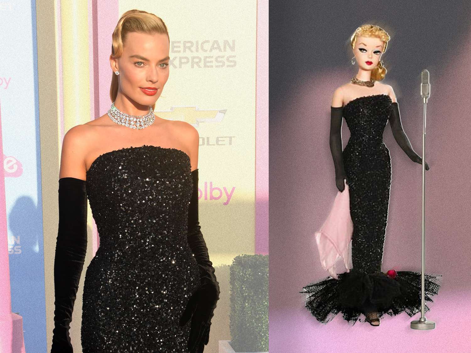Margot Robbie usa vestido Schiaparelli preto inspirado em Barbie Solo em destaque na estreia mundial da Barbie