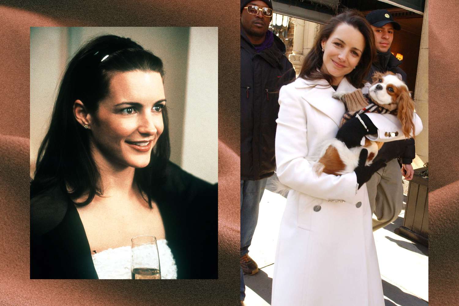 Colagem com a imagem de Charlotte York em um curativo na cabeça e um casaco branco no filme 