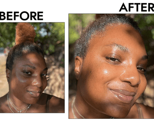 Foto de Bianca Lambert antes e depois de usar rímel para os cílios Clinique