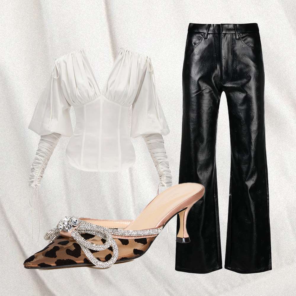 Colagem de calça de couro e blusa branca