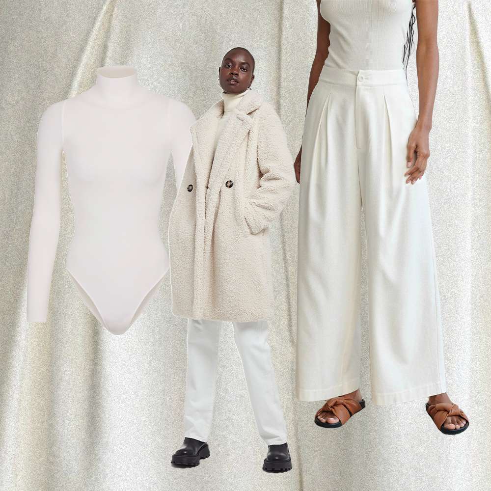 Colagem de calças brancas e casaco branco