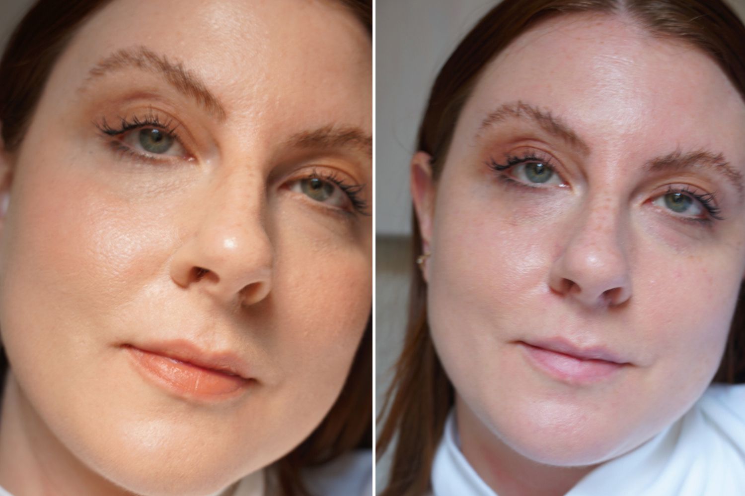 Rosto antes e depois da maquiagem Revlon ColorStay para pele mista/oleosa