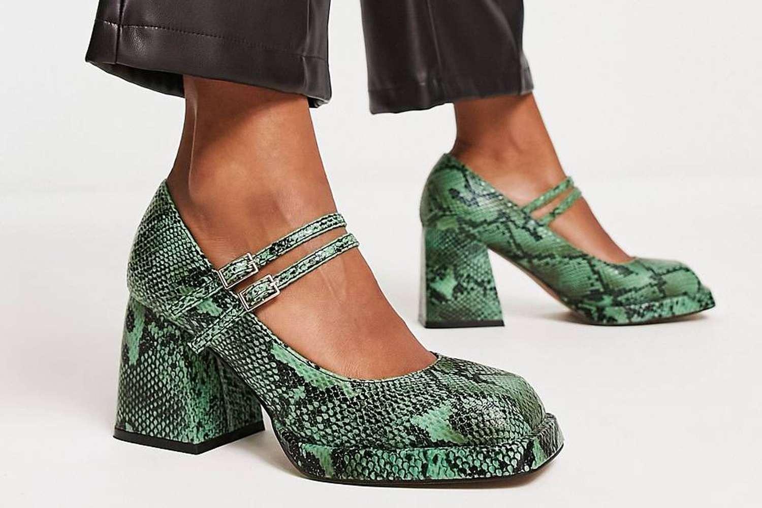 ASOS Design Sully Platform Mary Jane Mid Shoes in Green Snake