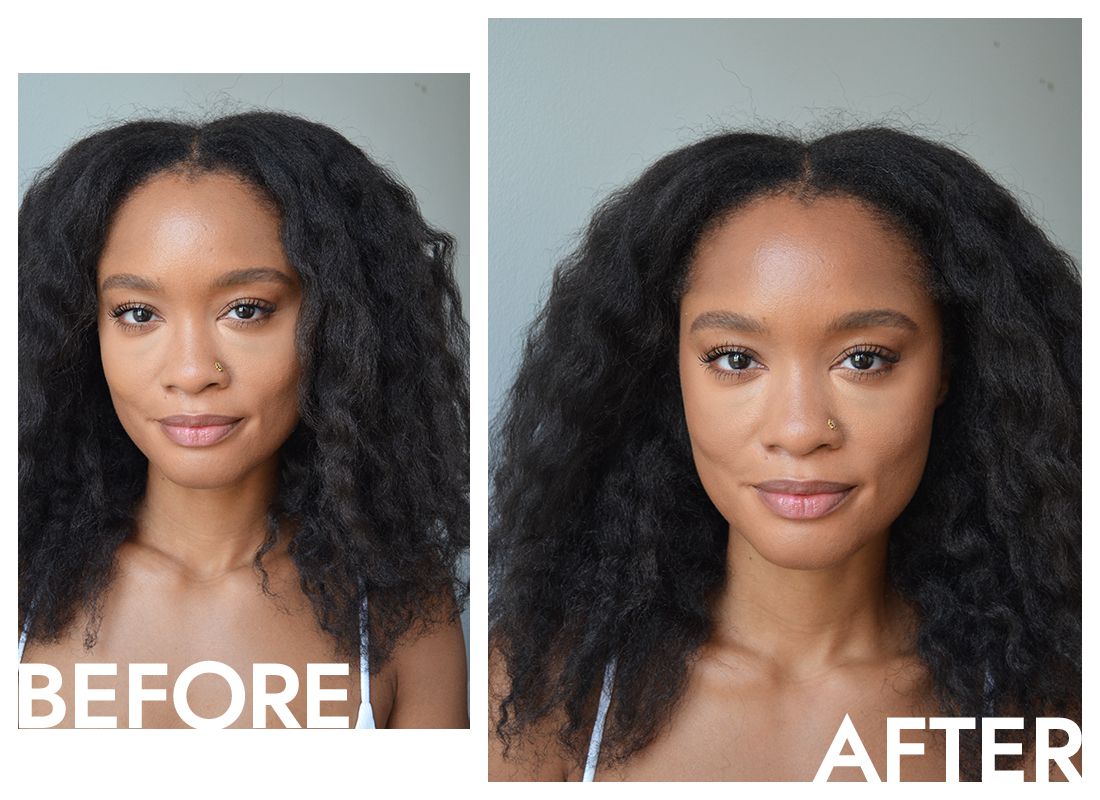 Byrdie Khera Autor Alexander antes e depois de aplicar o bronze E. L. F. Cosmeti CS Putty Bronzer