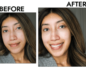 A pele do autor Byrdie Carla Ayala antes e depois de aplicar o EA Cream E. L. F. Creme para os olhos da Holy Hydration de cosméticos