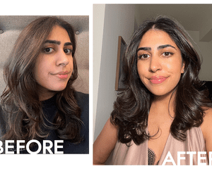 Autor Byrdie Iman Balagas antes e depois de aplicar o brilho do Glaze Super Color Conditioning Hair Shine no CARAMEL Lights Shade