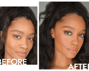 Por Byrdie Khera Alexander antes e depois da aplicação de maquiagem, incluindo Haus Labs Triclone Skin Tech Foundation