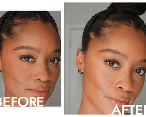 A pele da nossa criadora Hera Alexander antes e depois de aplicar o iluminador Positive Light Silky Touch da Rare Beauty